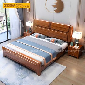 Giường Ngủ Gõ Đỏ Đầu Bo Tròn Bọc Gỗ 2 Ngăn Kẻ Chỉ Dọc Giữa