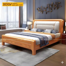 Giường Ngủ Gõ Đỏ Đẹp Gỗ Dày Đầu Bọc Nệm Họa Tiết Quả Trám