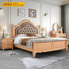 Giường Ngủ Gõ Đỏ Tân Cổ Điển Đầu Bọc Nệm Rút Nút Viền Đinh
