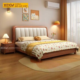 Giường Ngủ Gỗ Gõ Đỏ Chân Thấp Đầu Bo Cong Bọc Nệm Múi Dọc
