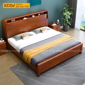 Giường Ngủ Gỗ Gõ Đỏ Đẹp Góc Bo Tròn Đầu Kẻ Chỉ Kệ Âm 2 Ngăn