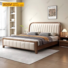 Giường Ngủ Gỗ Óc Chó Cổ Điển Đầu Đuôi Bọc Nệm Múi Dọc Trắng