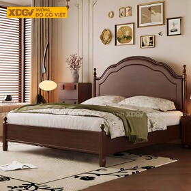 Giường Ngủ Gỗ Óc Chó Cổ Điển Đầu Sóng Mây Trụ Tiện Trang Trí