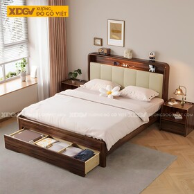 Giường Ngủ Gỗ Óc Chó Đuôi Hệ Ngăn Kéo Đầu Bọc Nệm Có Kệ