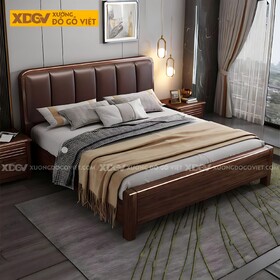 Giường Ngủ Gỗ Óc Chó Hiện Đại Đầu Bo Góc Bọc Vải Nâu Cao Cấp
