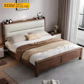 Giường Ngủ Gỗ Óc Chó Hiện Đại Đầu Bọc Nệm Trắng Phân Tầng