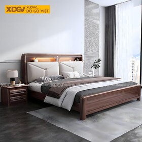Giường Ngủ Gỗ Óc Chó Kệ Đầu Giường 2 Ngăn Có Nệm Bọc Vải