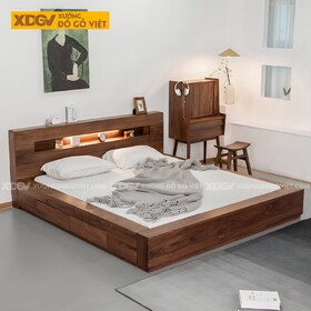 Giường Ngủ Gỗ Óc Chó Lọt Nệm Kệ Âm Đầu Giường Có Đèn Led