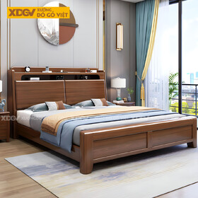 Giường Ngủ Gỗ Sồi Dày Dặn Hiện Đại 2 Ngăn Kệ Trên Đầu Giường
