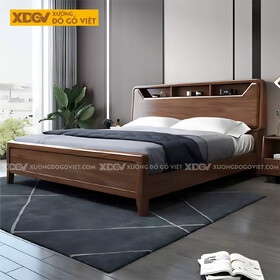 Giường Ngủ Gỗ Sồi Hiện Đại Bo Tròn Tích Hợp Kệ Trên 3 Ngăn
