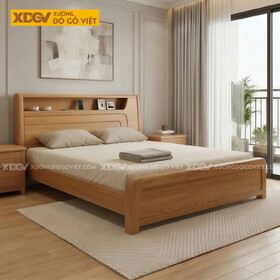 Giường Ngủ Gỗ Sồi Mỹ Thiết Kế Rãnh Kẻ Phối Kèm Kệ Đầu Giường