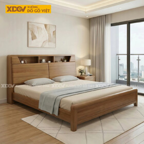 Giường Ngủ Gỗ Sồi Mỹ Thiết Kế Bo Góc Mềm Mại Kèm Kệ Lưu Trữ