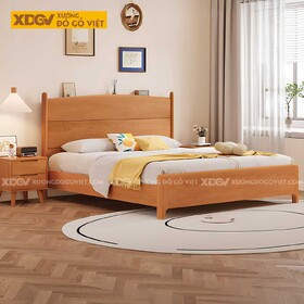 Giường Ngủ Gỗ Veneer Gõ Đỏ Chân Trụ Đầu Ghép Tấm Có Kệ Sau