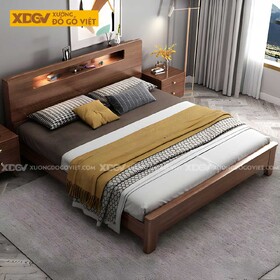 Giường Ngủ Gỗ Veneer Óc Chó Tích Hợp 2 Kệ Để Đồ Có Đèn Led