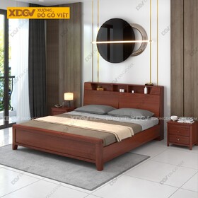 Giường Ngủ Veneer Xoan Đào Kèm Kệ Giường Trên Trang Trí