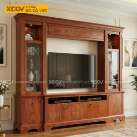 Kệ Để Tivi Kèm Tủ Trưng Bày Gỗ Gõ Đỏ Họa Tiết Kẻ Sọc Độc Đáo