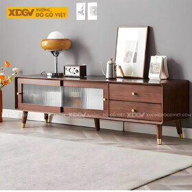 Kệ Để Tivi Sồi Mỹ Cánh Kính Lùa Gân Mờ Chân Bọc Kim Loại