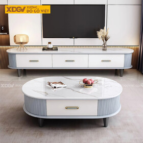 Kệ Để Tivi Trưng Bày Hiện Đại Gỗ Cao Su Mặt Đá Bo Tròn 2 Bên