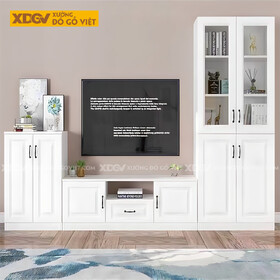 Kệ Tivi Cao Su Trắng Liền Tủ Đối Xứng 2 Bên Nhiều Buồng