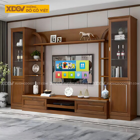 Kệ Tivi Gỗ Sồi Kết Hợp Tủ Kính Và Kệ Trang Trí Phòng Khách