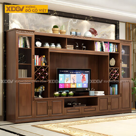 Kệ Tivi Kèm Tủ Gỗ Sồi Có Ngăn Để Rượu Chạm Họa Tiết Trên Nóc