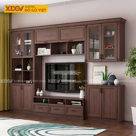 Kệ Tivi Kết Hợp Tủ Gỗ Óc Chó Cánh Kính Tích Hợp Kệ Trang Trí