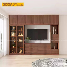 Kệ Tivi Kết Hợp Tủ Gỗ Veneer Óc Chó Lưu Trữ Đa Dạng Hai Bên