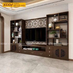 Kệ Tivi Kết Hợp Tủ Veneer Óc Chó Đối Xứng Đa Tầng Trang Trí