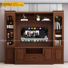 Kệ Tivi Phòng Khách Gỗ Sồi Liền Tủ Đối Xứng 2 Bên Kính Trắng