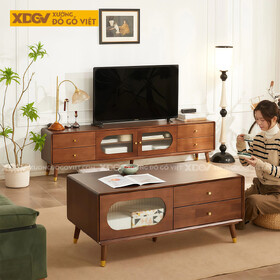 Kệ Tivi Phòng Khách Gỗ Xoan Đào Phong Cách Cổ Điển Chân Cao