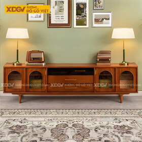 Kệ Tivi Sồi Phòng Khách Tân Cổ Điển Khung Gỗ Vòm Cánh Kính