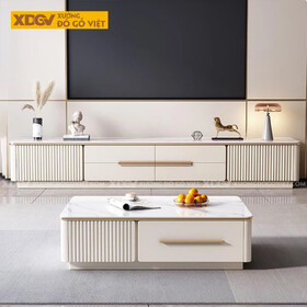 Kệ Tivi Trưng Bày Gỗ Cao Su Cạnh Bo Góc Ngăn Kéo Trung Tâm