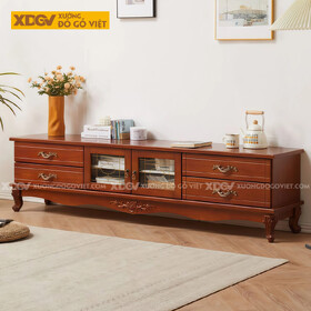 Kệ Tivi Trưng Bày Phòng Khách Gỗ Gõ Đỏ Tân Cổ Điển Chân Cong