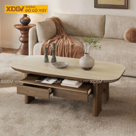 Mẫu Bàn Trà Sofa Phòng Khách Gỗ Sồi Phối Ngăn Kéo Chân Chữ U