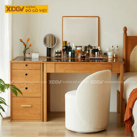 Mẫu Bàn Trang Điểm Phòng Ngủ Gỗ Sồi Chân Cao Mặt Phối Kính