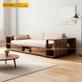 Mẫu Bộ Sofa Gỗ Óc Chó Tay Hộp Vuông Cuộn Tích Hợp Kệ Độc Đáo