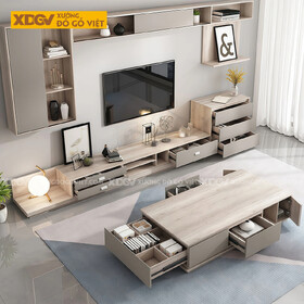 Mẫu Kệ Để Tivi Phòng Khách Gỗ MDF Thiết Kế Lệch Tầng Độc Đáo