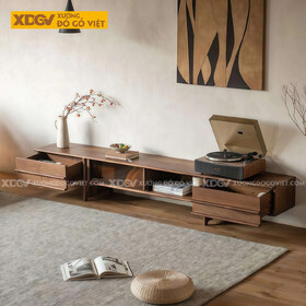 Mẫu Kệ Tivi Gỗ Óc Chó Thiết Kế Khoa Học Chân Trụ Nguyên Tấm