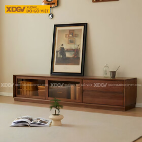 Mẫu Kệ Tivi Gỗ Sồi Mỹ Góc Vuông Cánh Trượt Kính Màu Trà