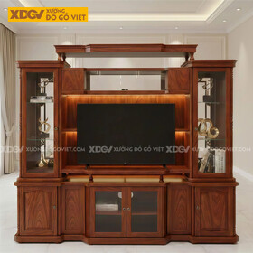 Mẫu Kệ Tivi Kèm Tủ Phòng Khách Gỗ Gõ Đỏ Phân Tầng Đối Xứng