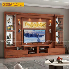 Mẫu Kệ Tivi Kèm Tủ Phòng Khách Gỗ Gõ Đỏ Phối Kính Sang Trọng