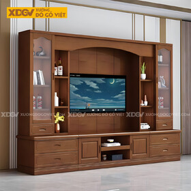 Mẫu Kệ Tivi Mặt Sồi Liền Tủ Cánh Kính Đầu Mái Vòm Tinh Tế