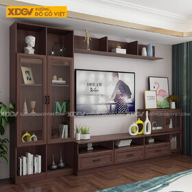 Mẫu Kệ Tivi Óc Chó Kết Hợp Tủ Kính Và Kệ Trang Trí Liền Mạch