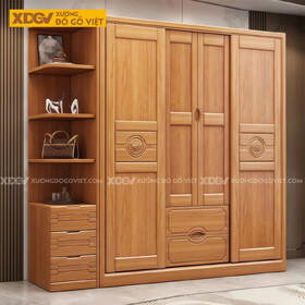 Mẫu Tủ Áo Gỗ Gõ Đỏ Cổ Điển Họa Tiết Nghệ Thuật Có Kệ Bên