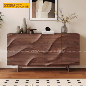 Mẫu Tủ Chén Bát Nhà Bếp Gỗ Óc Chó Thiết Kế Gợn Sóng Đẹp Mắt