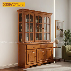 Mẫu Tủ Rượu Gỗ Gõ Đỏ Tân Cổ Điển Chân Bệ Cánh Kính Chia Ô