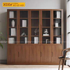 Mẫu Tủ Sách Gỗ Veneer Sồi Chân Bệt Phối Cánh Kính Sang Trọng