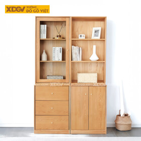 Mẫu Tủ Sách Văn Phòng Gỗ Veneer Sồi Phối Cánh Kính Kèm Kệ Mở