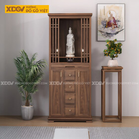 Mẫu Tủ Thờ Dáng Cao Gỗ Óc Chó Kèm Dãy Ngăn Kéo Dọc Trung Tâm