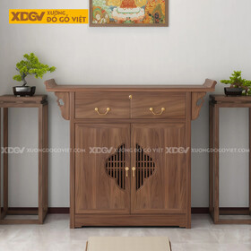 Mẫu Tủ Thờ Gỗ Óc Chó Kèm Ngăn Kéo Và Tai Cong Chạm Nhẹ 2 Bên